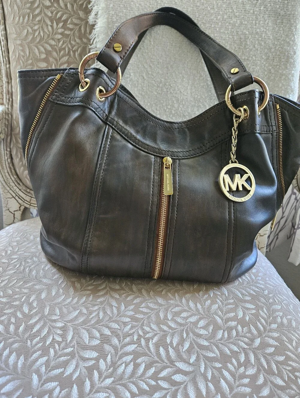 Re-dyed For Distress Look Michael Kors Brown MoxleyLeather ShoulderGold Hardware
